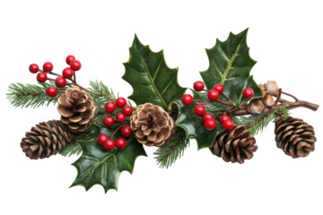 Christmas holly berries pine cones evergreen branch holiday decoration ornament festive design isolated on transparent background