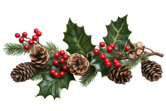 Christmas holly berries pine cones evergreen branch holiday decoration ornament festive design isolated on transparent background