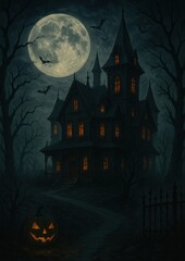 Eerie haunted house under moonlight.
