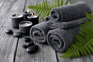 Serene spa scene with stacked, rolled towels, candles, ferns and smooth stones arranged on textured grey wood planks
