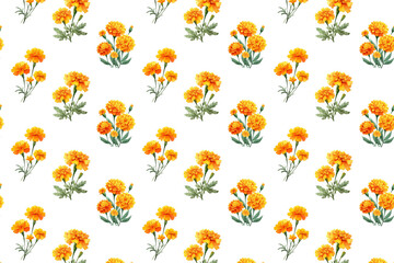 Obraz premium Floral pattern with orange marigold flowers. Marigold flowers with green sprouts and leaves. Watercolor floral prints. Seamless pattern with watercolor flowers.