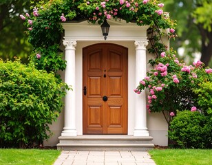 Elegant front door with lush roses