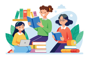 Three young women reading books and using a laptop are studying happily