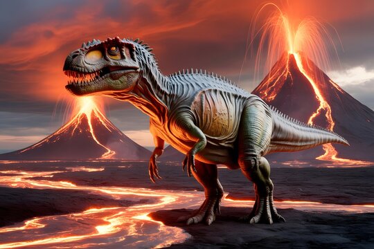 Tyrannosaurus rex stands before erupting volcanoes in a prehistoric landscape - Powered by Adobe