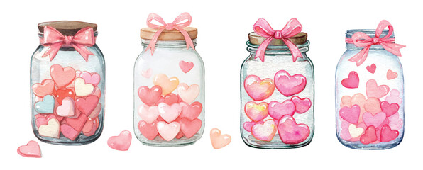 Watercolor jars with pink hearts. Glass jars with lids inside which are pastel hearts. Symbols of love. Watercolor cute element for Valentine's Day and romantic designs. Vector illustration.