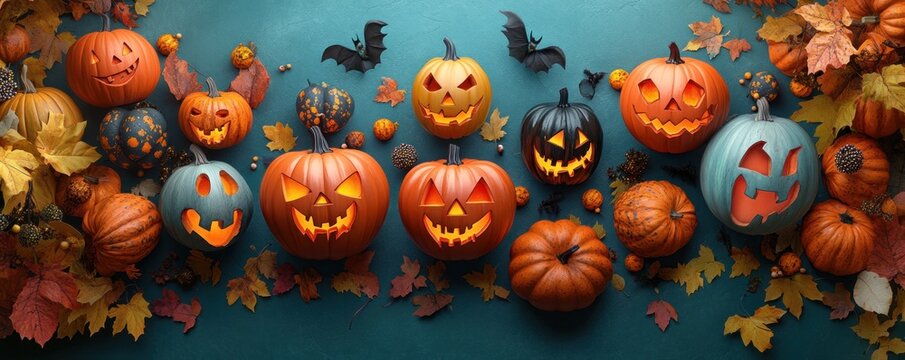 Spooky jack o'lanterns and autumn leaves create a festive halloween background