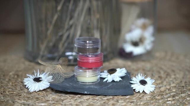 Three natural homemade lip balms in clear containers on beige background with white flowers. DIY organic cosmetics in red, brown, and transparent shades for eco-friendly beauty skincare.