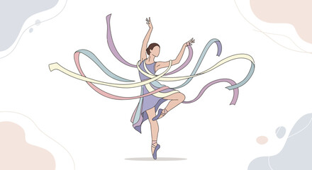 Obraz premium Graceful Ballerina Dancing And Interacting With Flowing, Colorful Ribbons Abstract Beauty