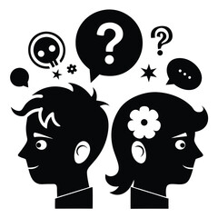 Boy and girl silhouettes face each other with thought bubbles illustrating confusion against white