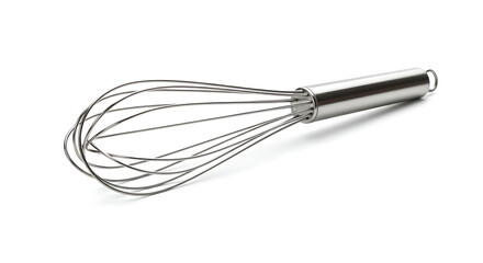 Stainless Steel Wire Whisk on White Background Ready for Baking Preparation and Whipping Ingredients for Cakes and Desserts.