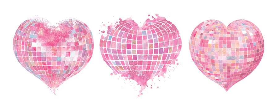 Watercolor disco hearts in the shape of a heart png. Pink disco hearts with shiny sequins painted in watercolor. Romantic heart symbols. Vintage disco elements. Vector illustration.