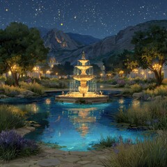 Fototapeta premium Enchanting illuminated fountain sparkles under a starry night sky, reflecting in a tranquil pond amidst lush gardens