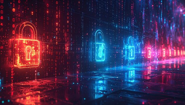 Cyber Data. Cyber security internet and networking. Padlock icons on binary code background Data protection privacy concept. 