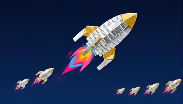 Retro silver rocket with gold nose and fins launching in formation across deep blue sky, colorful neon flame trail conveys energetic growth and optimistic momentum