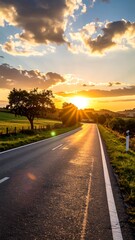 Asphalt road stretches into sunset, sunbeams, fields, trees