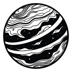 Striking black and white planet displays mesmerizing textures and a cosmic, star filled atmosphere