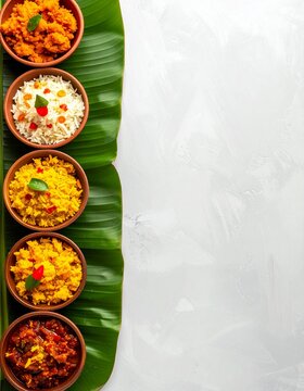 A beautiful flat lay of Navratri prasad, featuring a variety of traditional Indian dishes served in bowls on a fresh banana leaf. A spiritual food concept