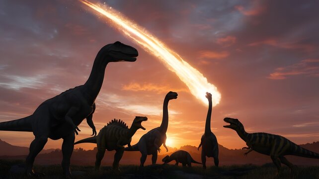 Dinosaurs watch as a meteor hurtles towards earth in a fiery display