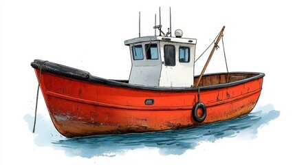 Fototapeta premium Watercolor Illustration of a Weathered Red Fishing Boat on Calm Water