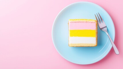 Colorful layered cake on a pastel plate, bright and cheerful dessert perfect for celebrations or sweet moments.