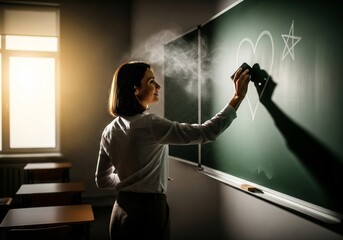 Teacher Erasing Chalkboard: Education Concept with Smiling Woman, Classroom, and Love Symbol