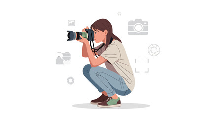 Female Photographer Capturing Shots With Camera, Digital Photography Concept Illustrated