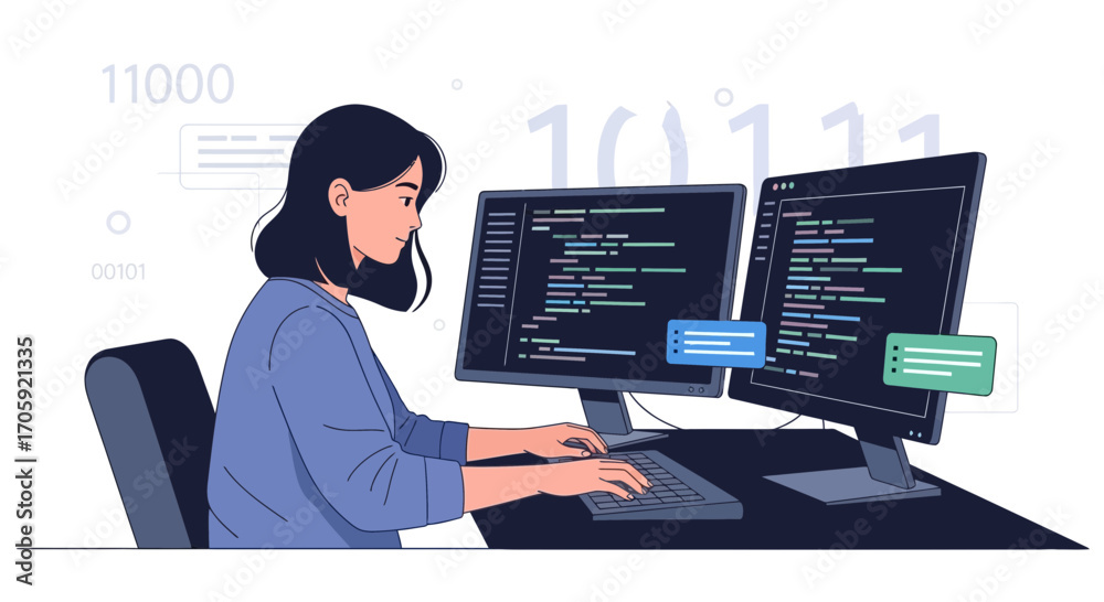 Wall mural female programmer working on coding, vector illustration focused technology development