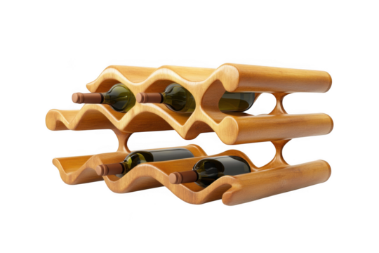 Wooden wine rack with bottles, modern wine storage shelf, home decor, kitchen accessory, bar furniture, cellar design, isolated on transparent background