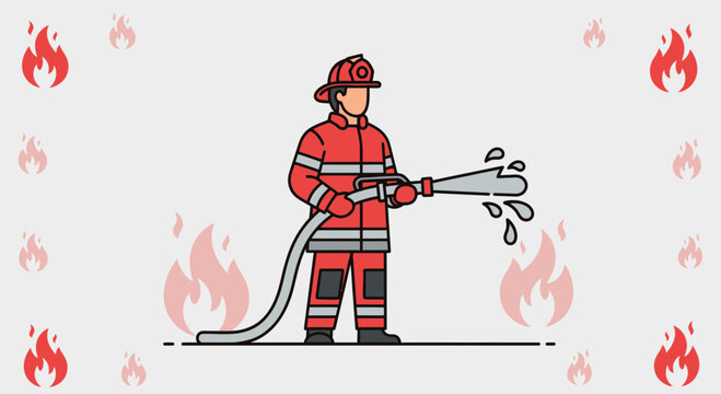 Firefighter Actively Extinguishing Flames With Water Spraying From a Hose To Save People