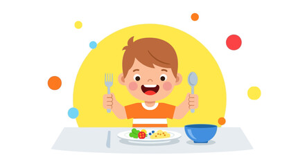 Happy Child With Fork And Spoon Ready To Eat Healthy Food At The Table