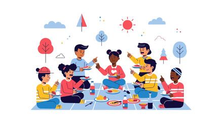 Happy Children's Get Together Feasting Outdoors on a Wonderful Summer Day
