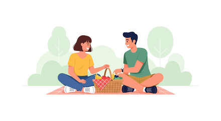 Happy Couple Enjoying A Picnic, Outdoor Date And Fun On A Sunny Day Outdoors