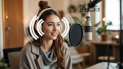 Woman recording audio in studio - Powered by Adobe