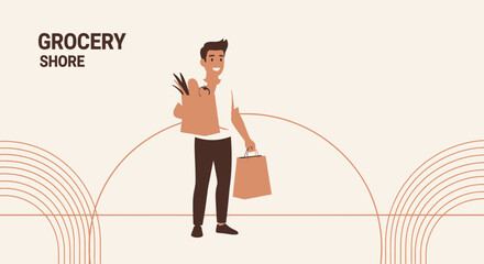 Happy Customer Returning Home From Grocery Shopping Carrying Fresh Produce Bags