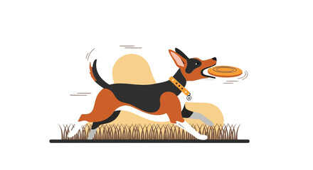 Happy Dog Playing Fetch, Catching Frisbee, In Mid-Air, Having Fun, Conceptual Illustration