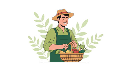Happy Farmer Holding a Basket Filled With Fresh Vegetables and Natural Harvest