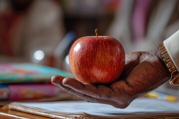 Red apple held in hand, classroom setting
