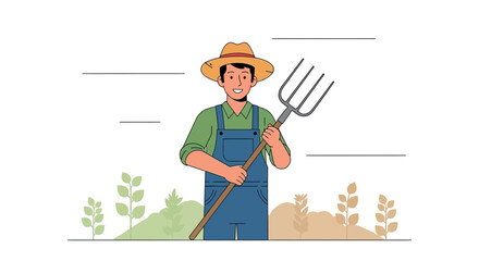 Happy Farmer Holding Pitchfork In The Field And Wearing Overalls with a Bright Smile
