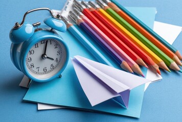 Still life featuring a blue clock, colorful pencils, and a paper airplane on blue paper. Back to school concept, time for creativity