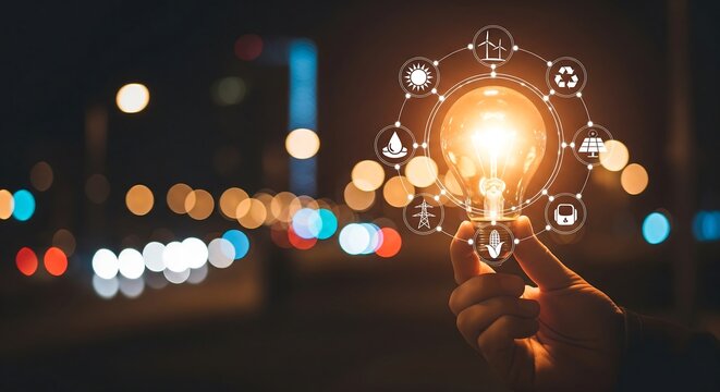 A hand holds a glowing lightbulb, symbolizing innovative ideas and interconnected sustainable energy solutions against a city night backdrop.
