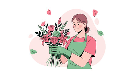 Happy Florist Bundling Fresh Blooms for a Thoughtful Gift with Floral Accents