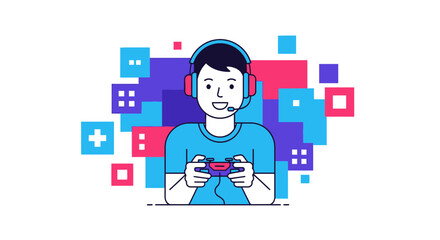 Happy Gamer With Headphones and Controller, Vector Illustration of Modern Game Enthusiast