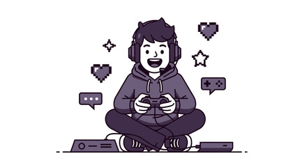 Happy Gamer Enjoys Controller Playtime With Pixelated Game Icons Online