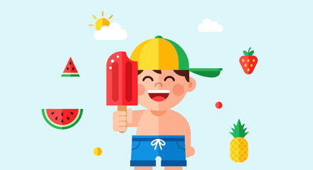 Happy Little Boy Eating a Popsicle on a Sunny Summer Day With Fruits All Around