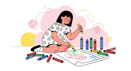 Happy Little Girl Creating Colorful Illustrations with Crayons and Imaginations