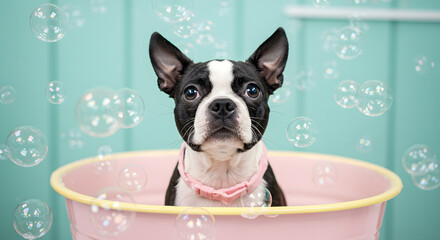 Boston Terrier Bath &ndash; Whimsical Grooming Scene with Bubble Charm