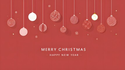 Naklejka premium Merry Christmas and Happy New Year greeting card with golden Christmas balls on a red background. Flat illustration with golden Christmas balls on a red background.