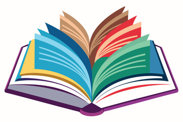 Colorful book with multicolored pages opened, revealing its content and purple cover