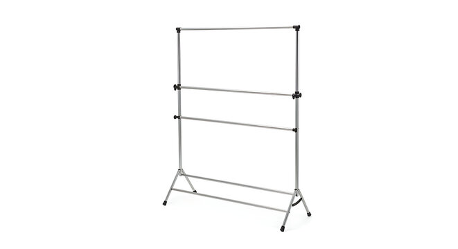 Modern Adjustable Metal Garment Rack Stands Tall Against a Pristine White Backdrop, Showcasing its Sleek Design and Versatile Functionality for