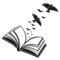 Birds are gracefully flying from a book in the black and white conceptual style